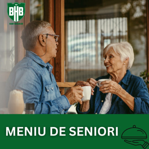 Elderly couple sharing coffee and smiling at a cafe; BHB logo top left and a green 'Meniu de Seniori' banner at bottom.