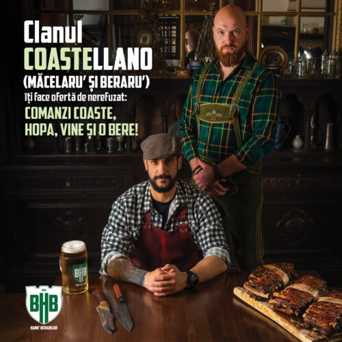 Promotional poster for a Romanian beer campaign with two men in a vintage tavern, bold text overlaid and a BHB logo in the corner.