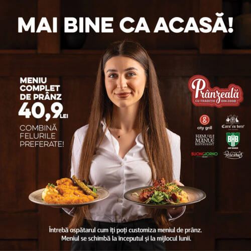 Smiling woman in a white shirt holds two plated lunches as role-playing server; wood background with bold Romanian promo text and restaurant logos.